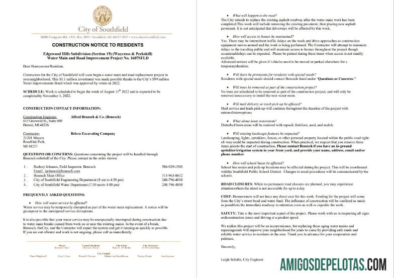 realista EUA Michigan Cidade de Southfield Aviso de desligamento de água e construção, modelo Word e PDF, 3 páginas 1 2